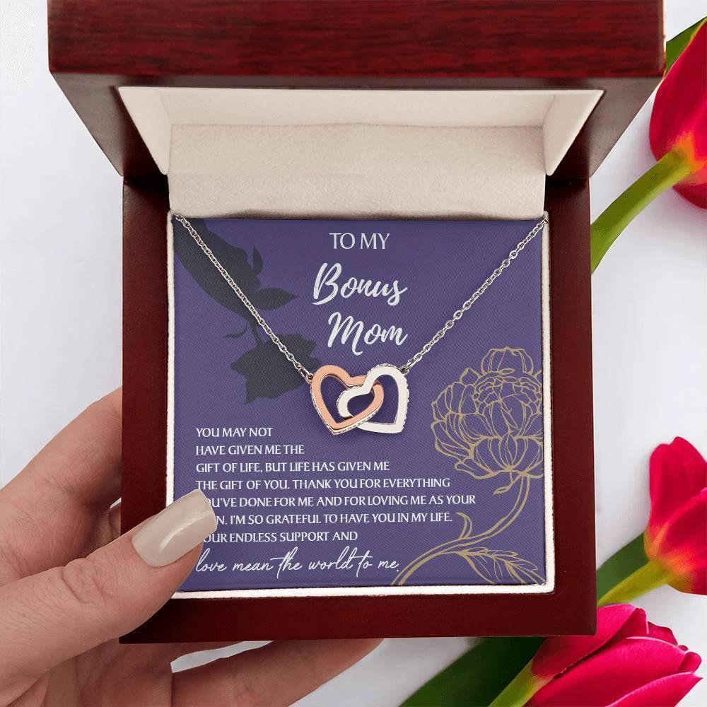 To My Bonus Mom Thank You for Everything Interlocking Hearts Pendant Necklace