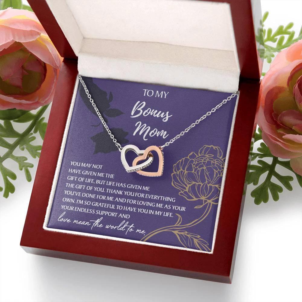 To My Bonus Mom Thank You for Everything Interlocking Hearts Pendant Necklace
