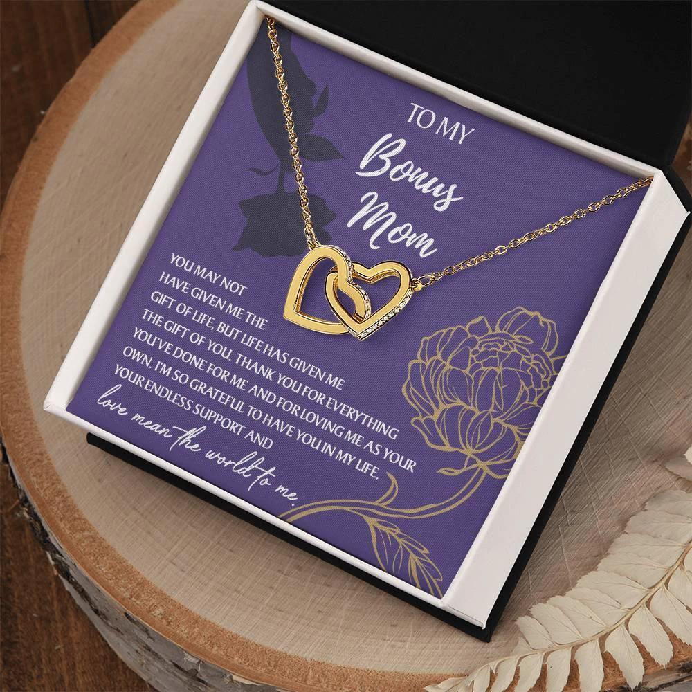 To My Bonus Mom Thank You for Everything Interlocking Hearts Pendant Necklace