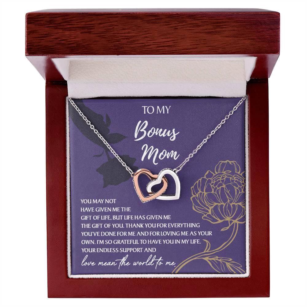 To My Bonus Mom Thank You for Everything Interlocking Hearts Pendant Necklace