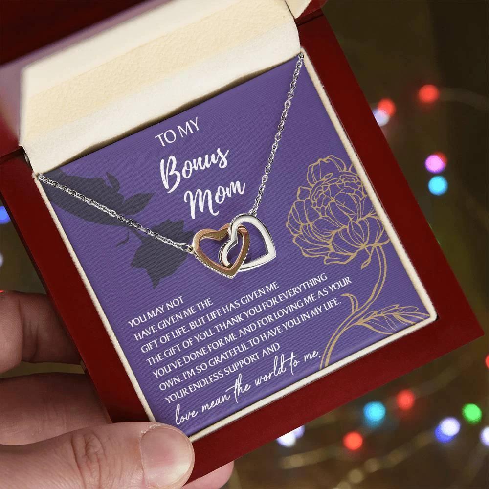 To My Bonus Mom Thank You for Everything Interlocking Hearts Pendant Necklace