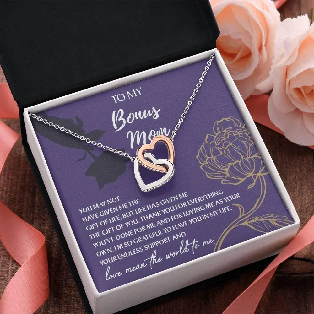 To My Bonus Mom Thank You for Everything Interlocking Hearts Pendant Necklace