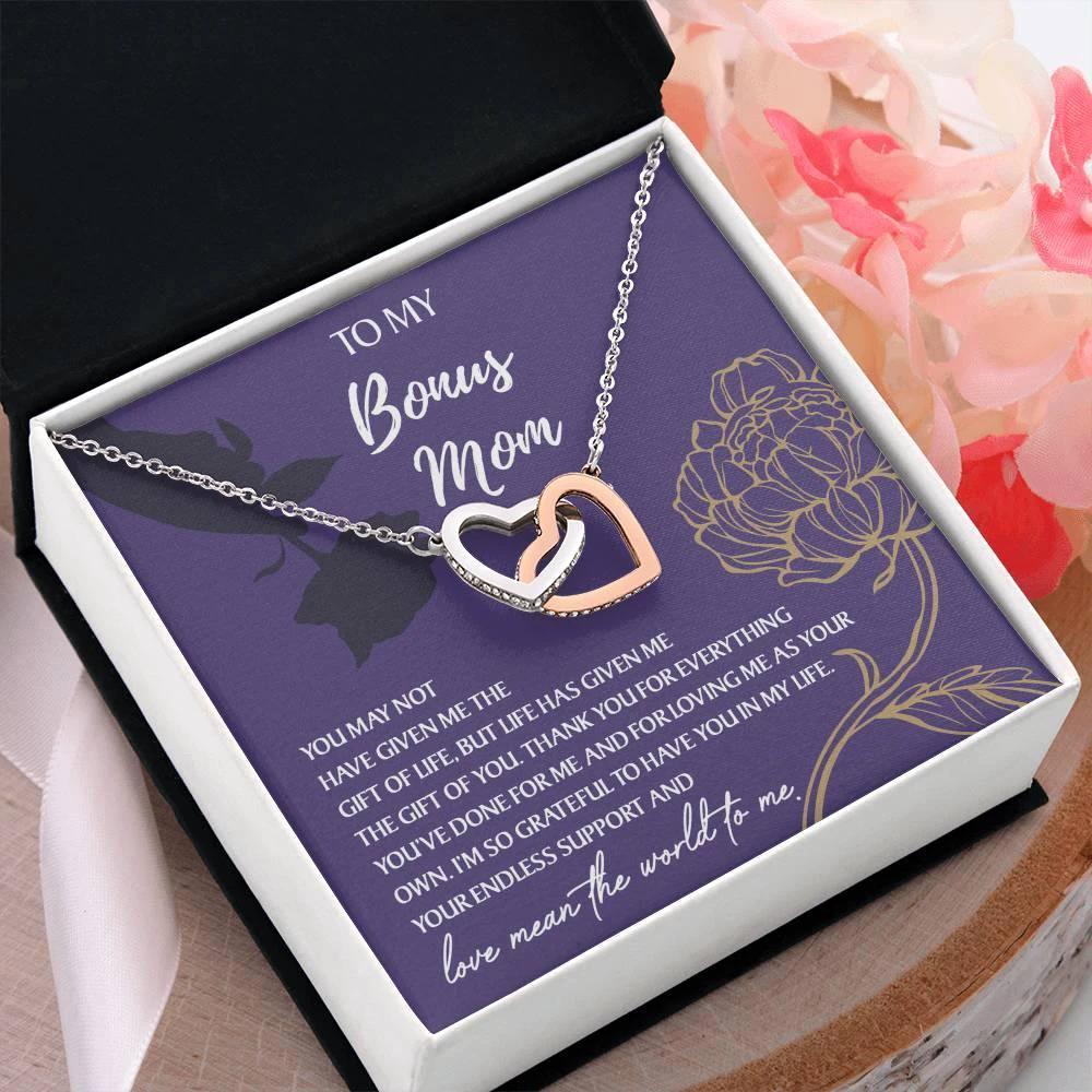 To My Bonus Mom Thank You for Everything Interlocking Hearts Pendant Necklace