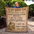 To My Bonus Son, Whisper Back, I am the Storm Heirloom Keepsake Woven Blanket