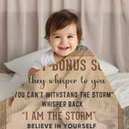 To My Bonus Son, Whisper Back, I am the Storm Heirloom Keepsake Woven Blanket