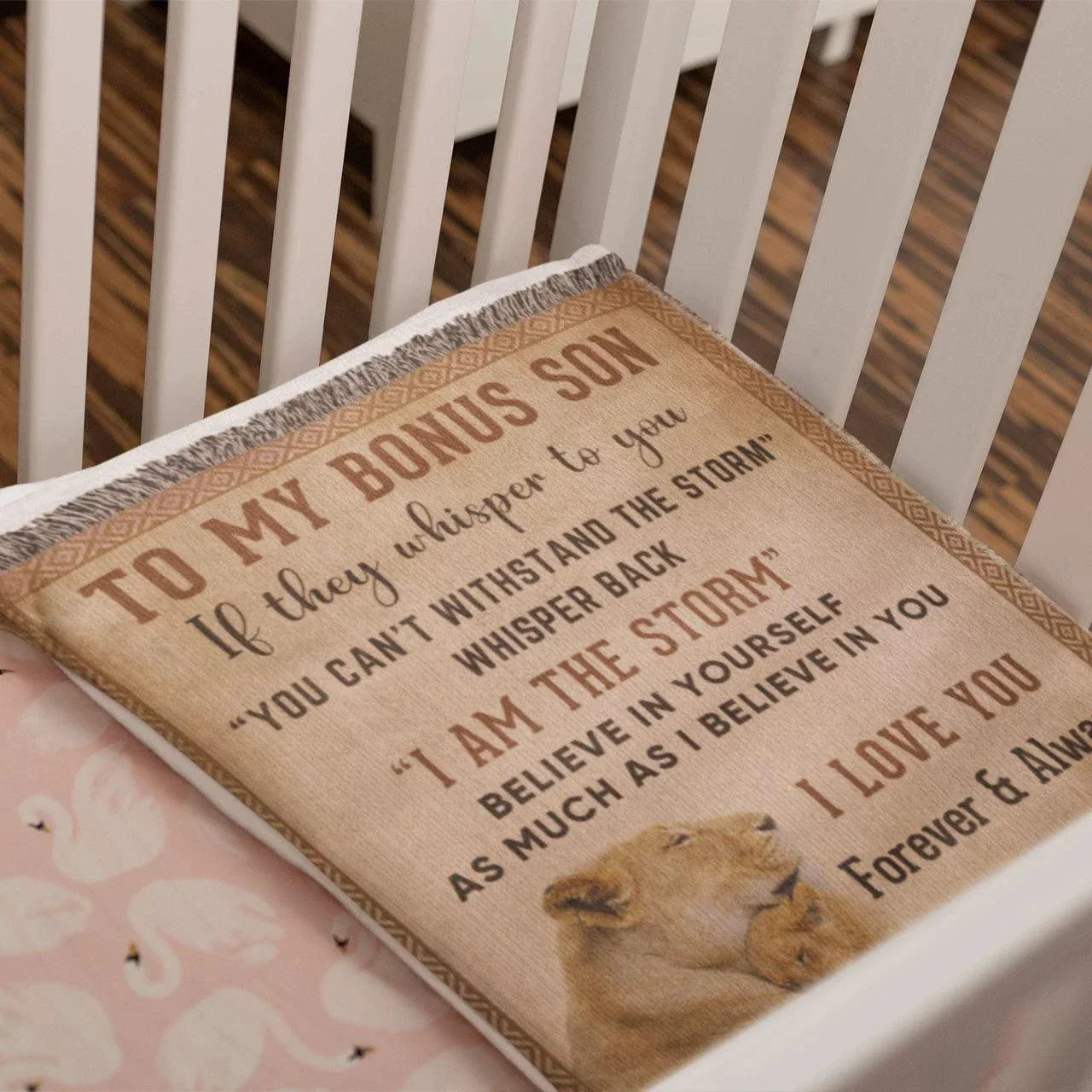 To My Bonus Son, Whisper Back, I am the Storm Heirloom Keepsake Woven Blanket