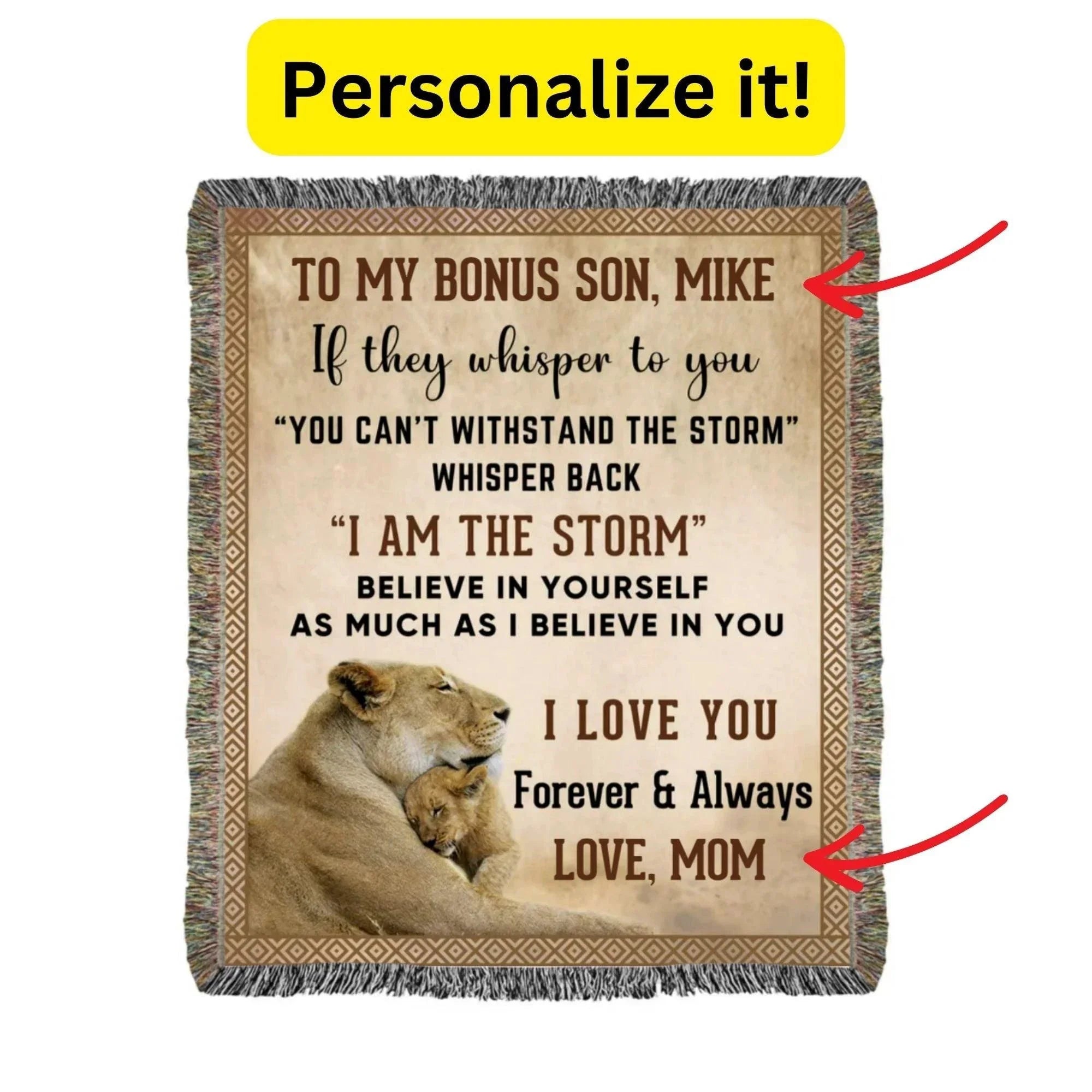 To My Bonus Son, Whisper Back, I am the Storm Heirloom Keepsake Woven Blanket