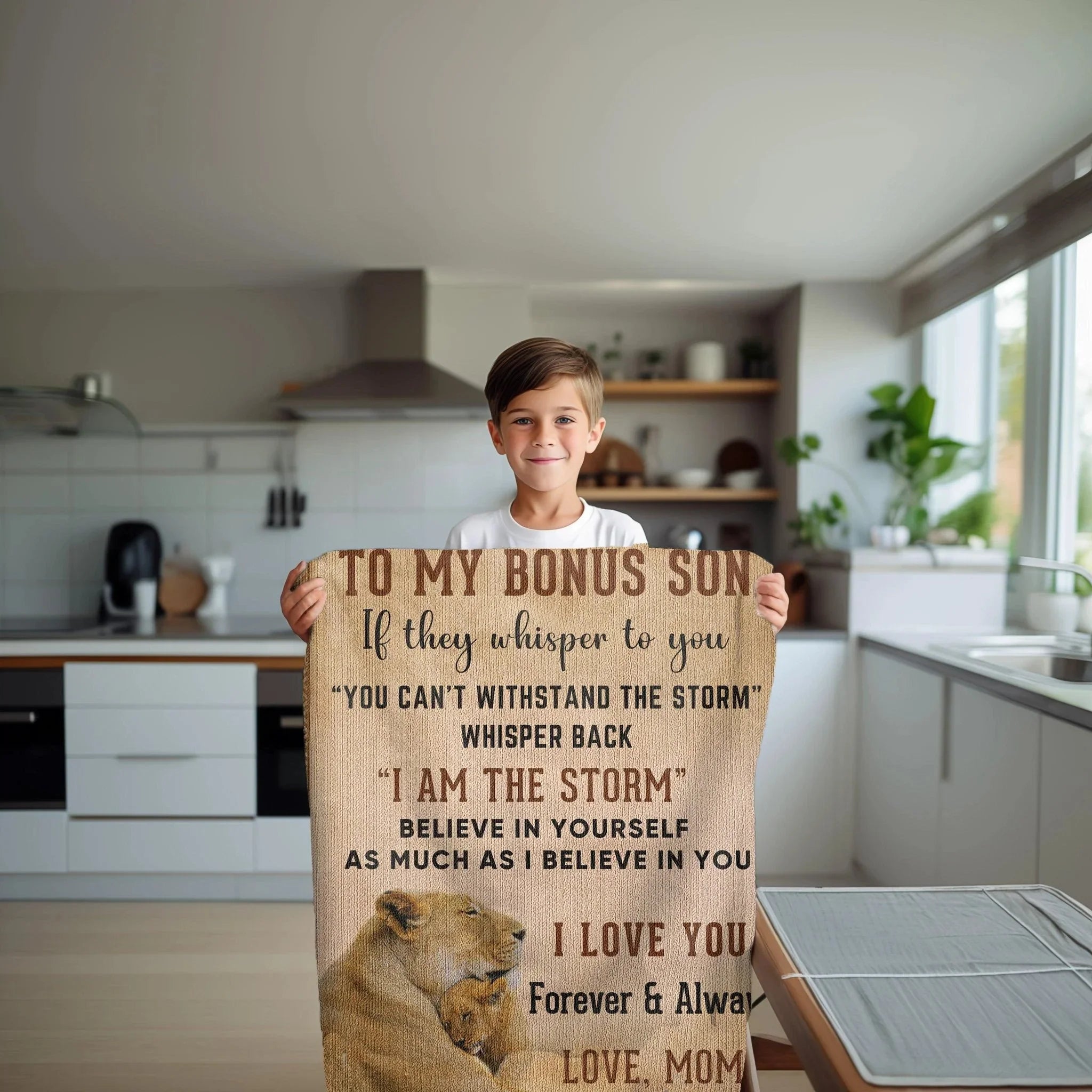 To My Bonus Son, Whisper Back, I am the Storm Heirloom Keepsake Woven Blanket