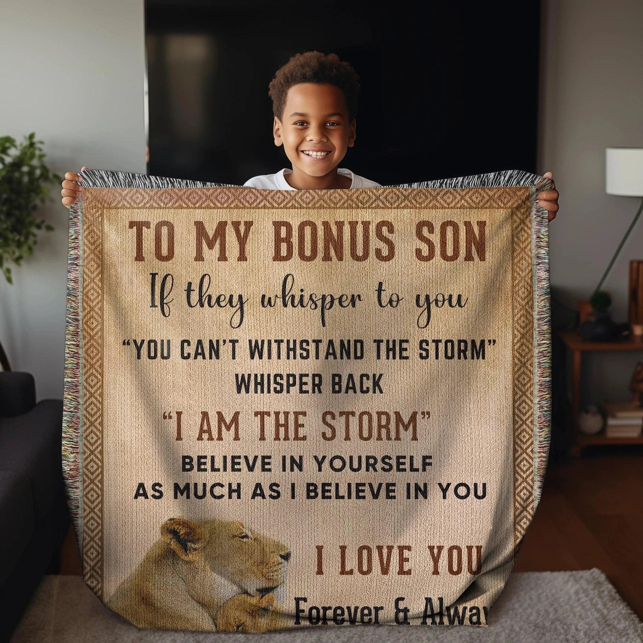 To My Bonus Son, Whisper Back, I am the Storm Heirloom Keepsake Woven Blanket