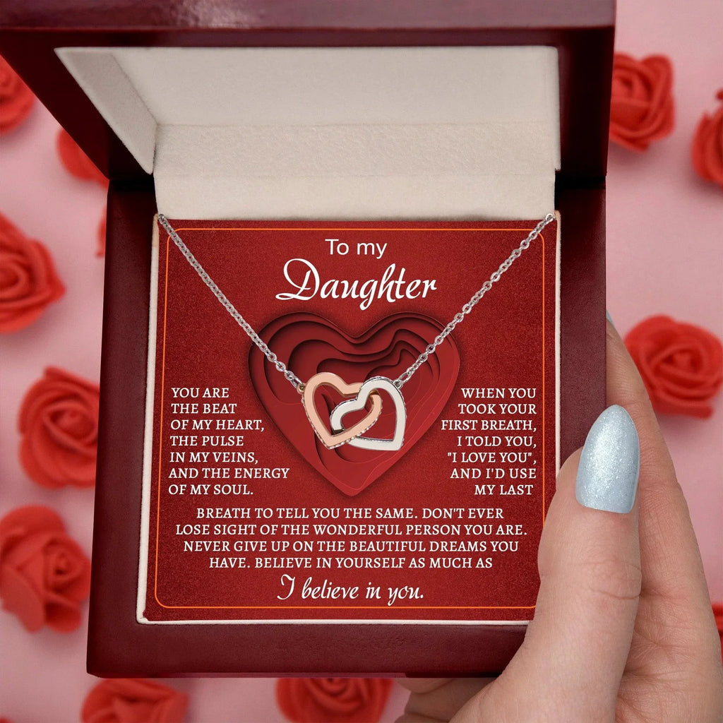 To My Daughter You Are the Beat of My Heart Interlocking Hearts Necklace