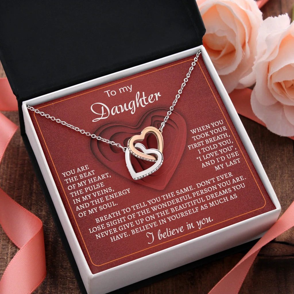 To My Daughter You Are the Beat of My Heart Interlocking Hearts Necklace