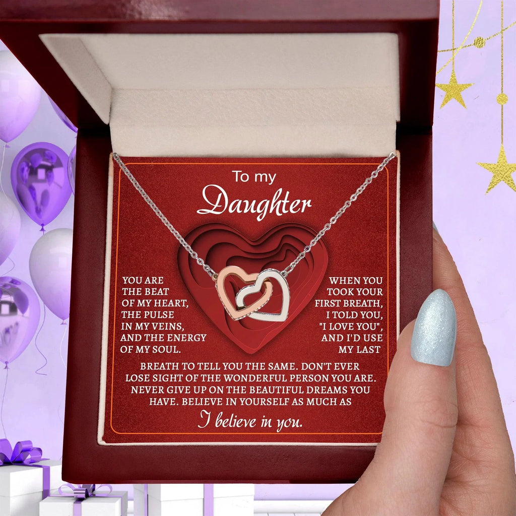 To My Daughter You Are the Beat of My Heart Interlocking Hearts Necklace
