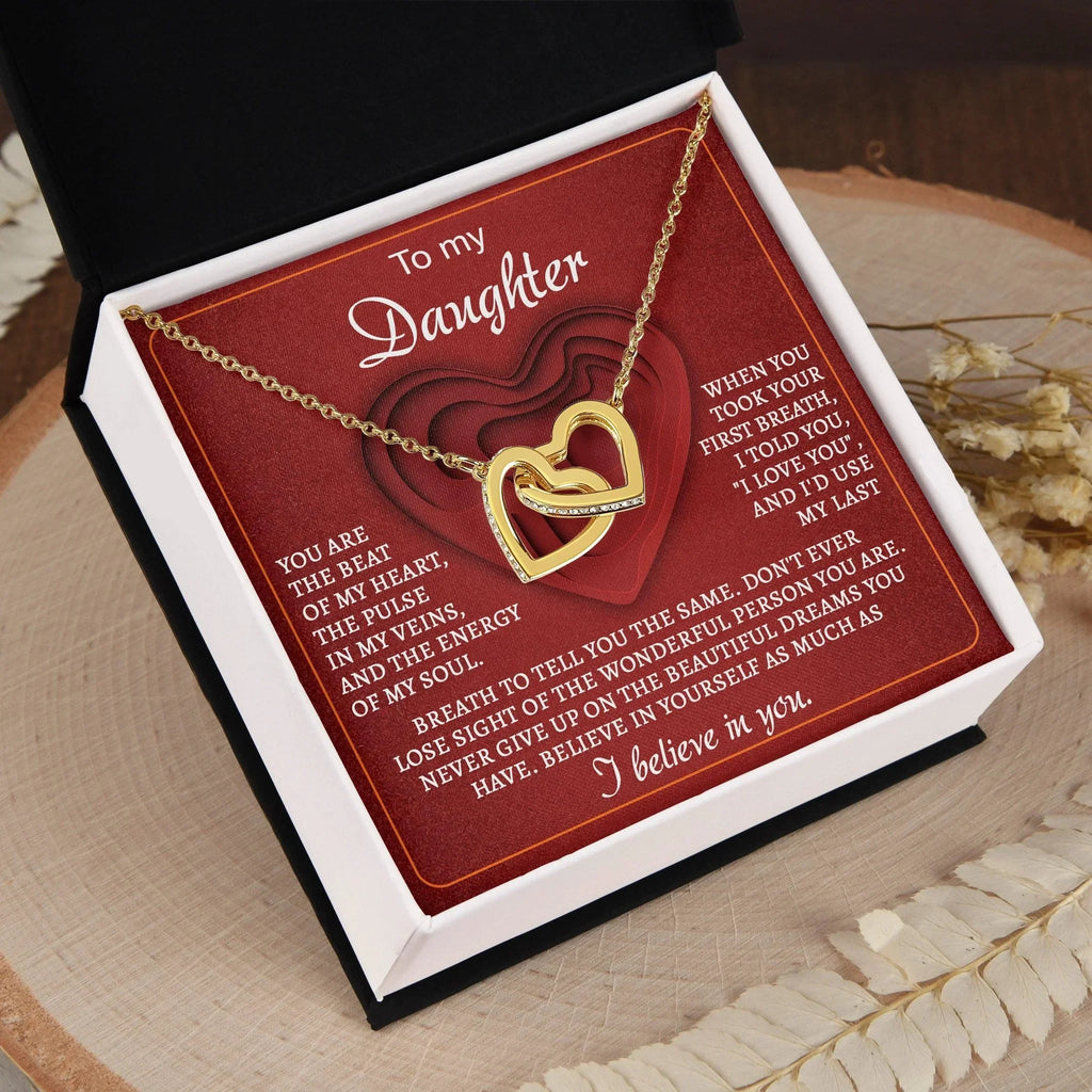 To My Daughter You Are the Beat of My Heart Interlocking Hearts Necklace