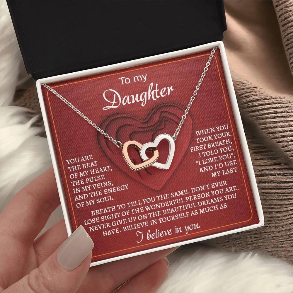 To My Daughter You Are the Beat of My Heart Interlocking Hearts Necklace