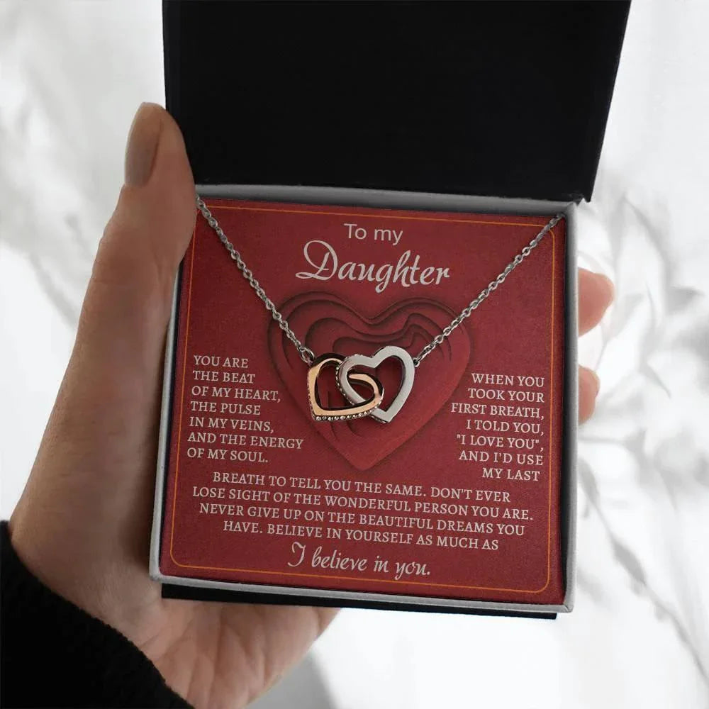 To My Daughter You Are the Beat of My Heart Interlocking Hearts Necklace