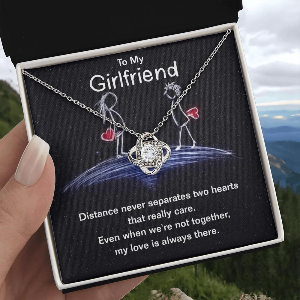 To My Girlfriend Distance Never Separates Two Hearts Valentine Love Knot Necklace