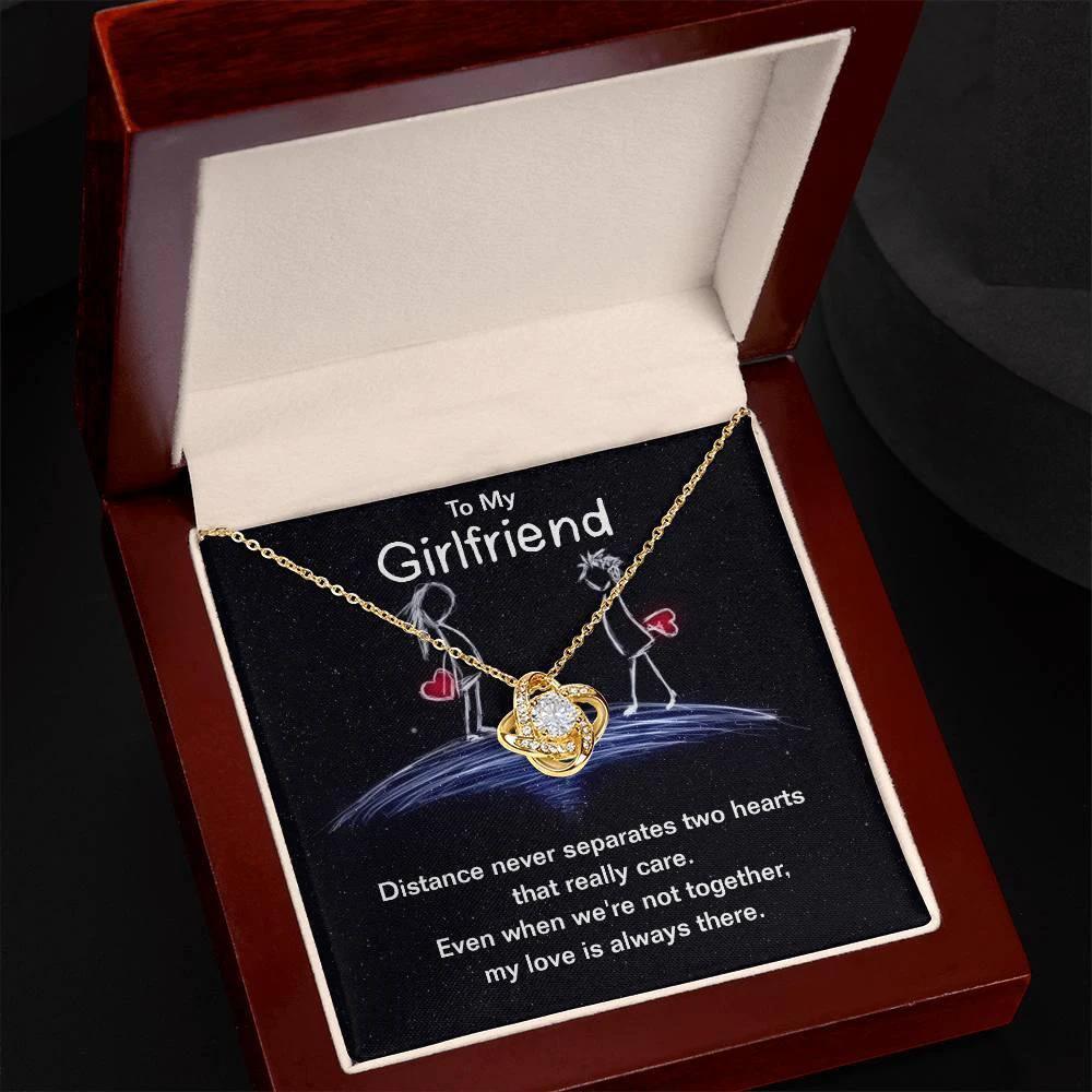 To My Girlfriend Distance Never Separates Two Hearts Valentine Love Knot Necklace