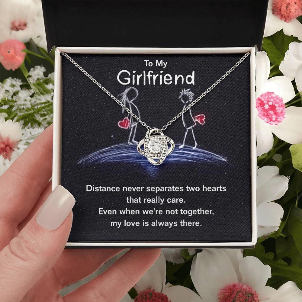 To My Girlfriend Distance Never Separates Two Hearts Valentine Love Knot Necklace
