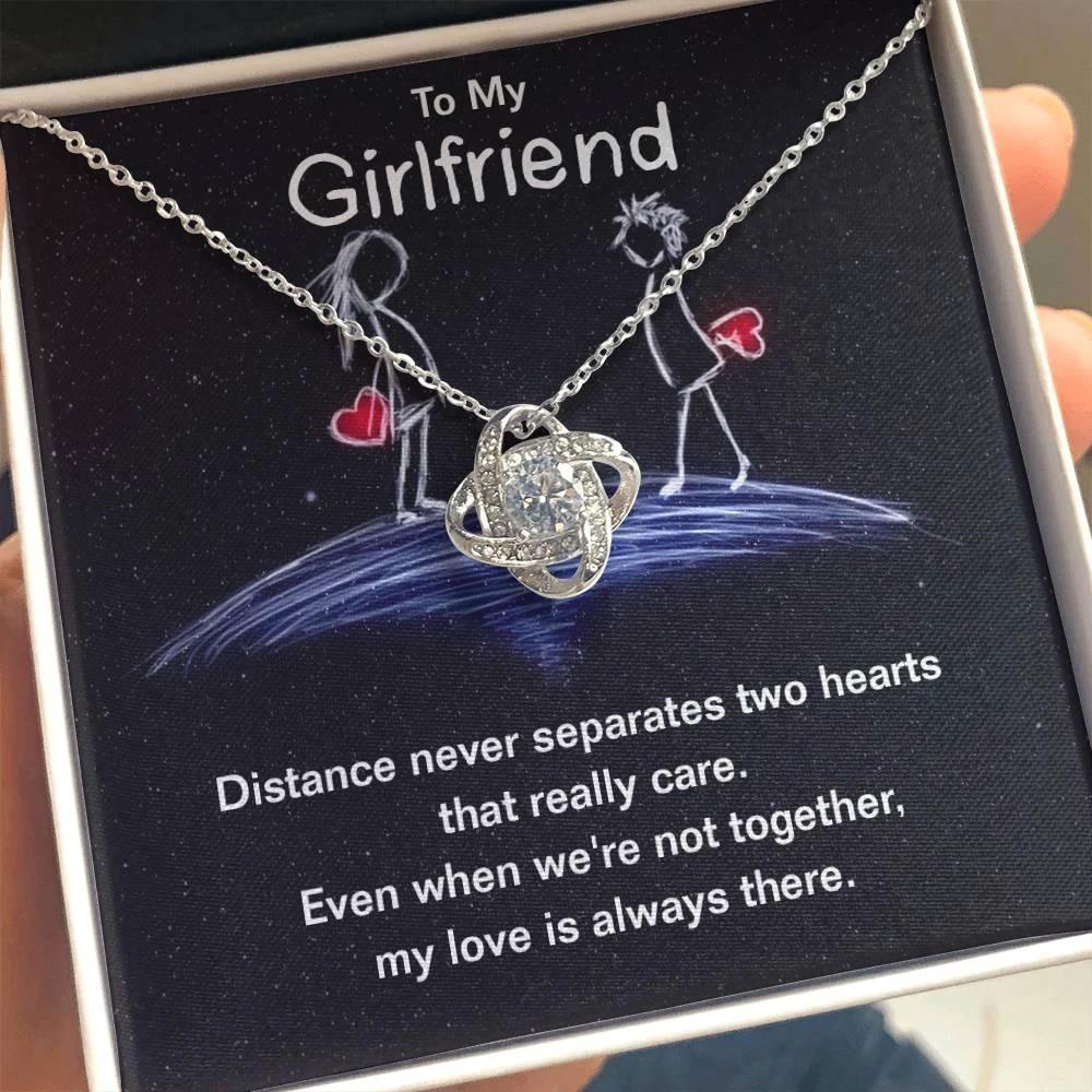 To My Girlfriend Distance Never Separates Two Hearts Valentine Love Knot Necklace