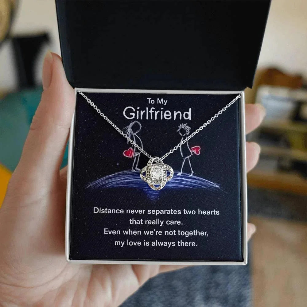 To My Girlfriend Distance Never Separates Two Hearts Valentine Love Knot Necklace