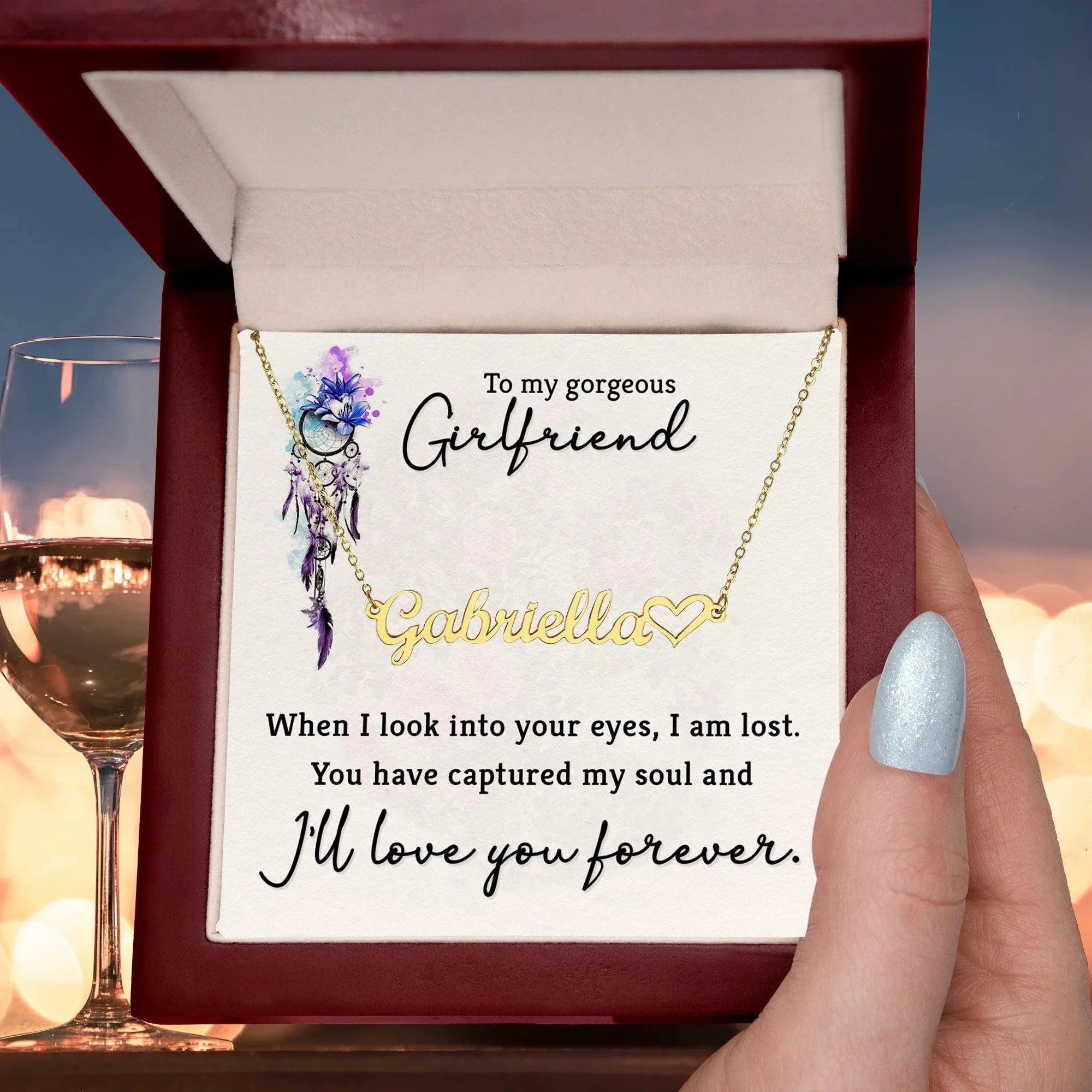 To My Gorgeous Girlfriend When I Look into Your Eyes Personalized Heart Name Necklace