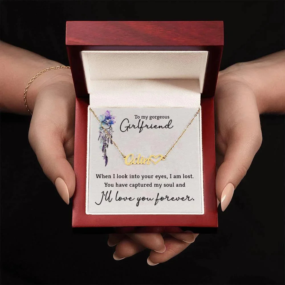 To My Gorgeous Girlfriend When I Look into Your Eyes Personalized Heart Name Necklace