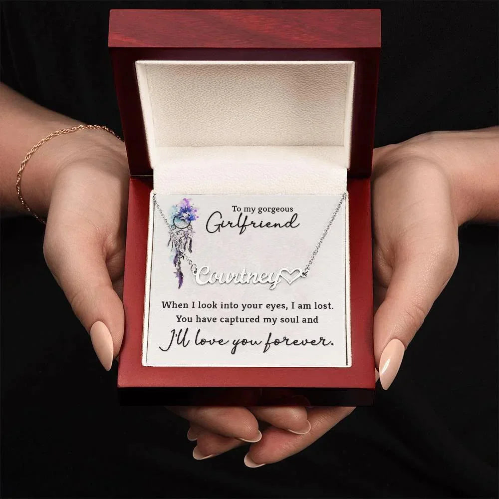 To My Gorgeous Girlfriend When I Look into Your Eyes Personalized Heart Name Necklace