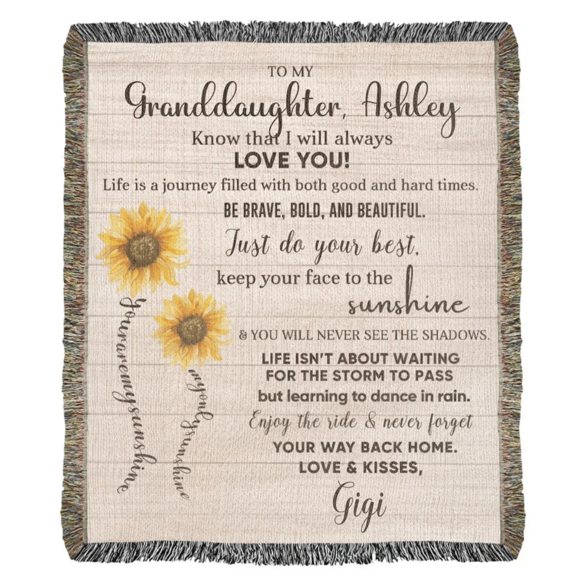 To My Granddaughter Life Is Learning to Dance in the Rain Personalized Heirloom Woven Blanket