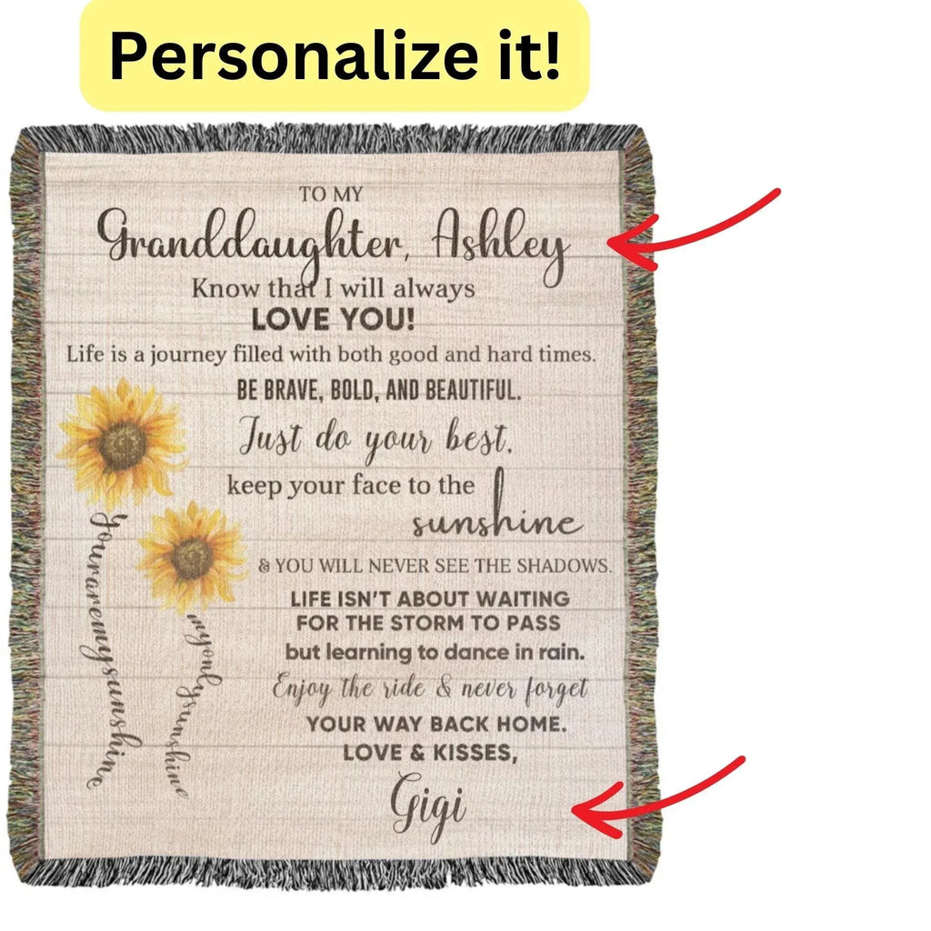 To My Granddaughter Life Is Learning to Dance in the Rain Personalized Heirloom Woven Blanket