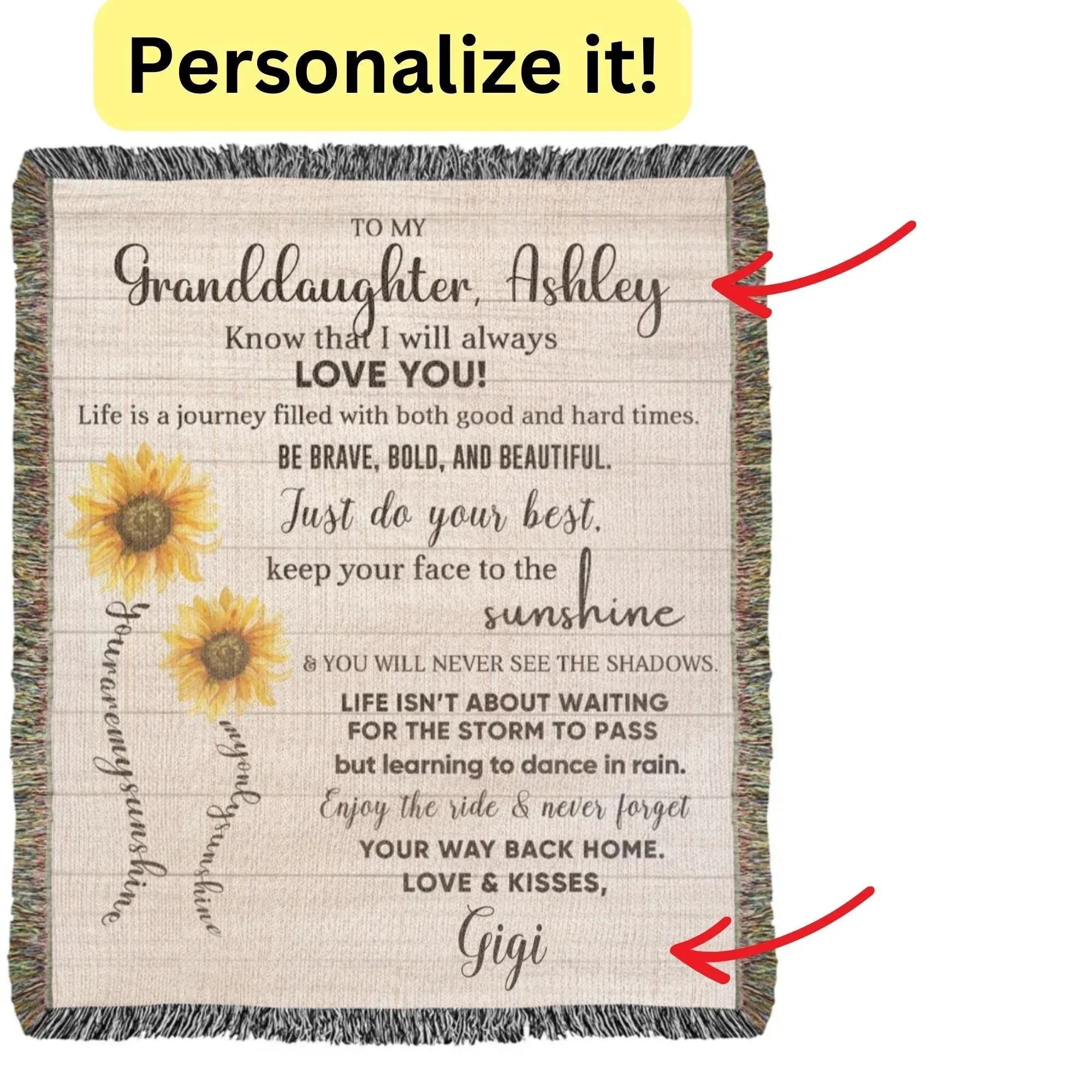 To My Granddaughter Life Is Learning to Dance in the Rain Personalized Heirloom Woven Blanket