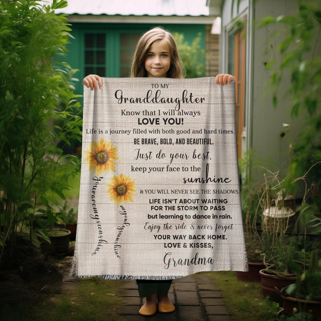To My Granddaughter Life Is Learning to Dance in the Rain Personalized Heirloom Woven Blanket