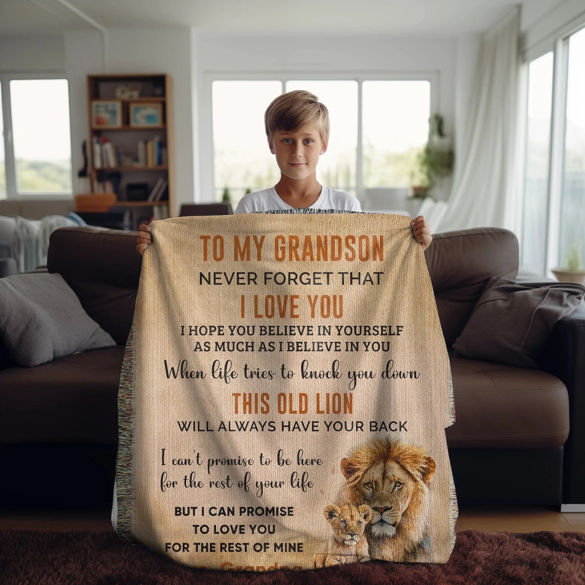 To My Grandson This Old Lion Will Always Have Your Back Personalized Heirloom Woven Blanket