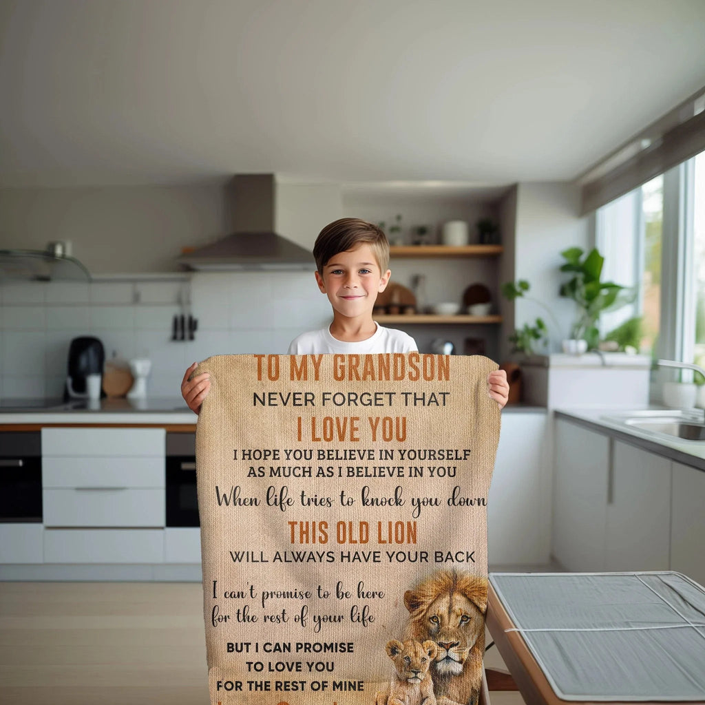 To My Grandson This Old Lion Will Always Have Your Back Personalized Heirloom Woven Blanket