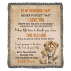 To My Grandson This Old Lion Will Always Have Your Back Personalized Heirloom Woven Blanket