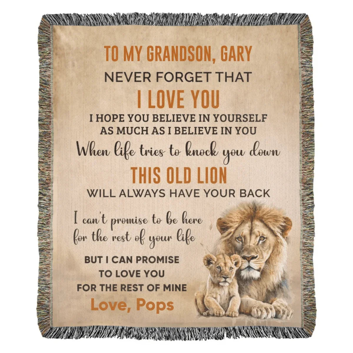 To My Grandson This Old Lion Will Always Have Your Back Personalized Heirloom Woven Blanket