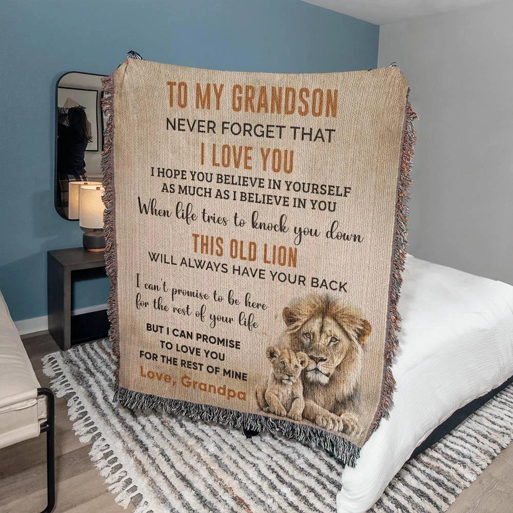 To My Grandson This Old Lion Will Always Have Your Back Personalized Heirloom Woven Blanket