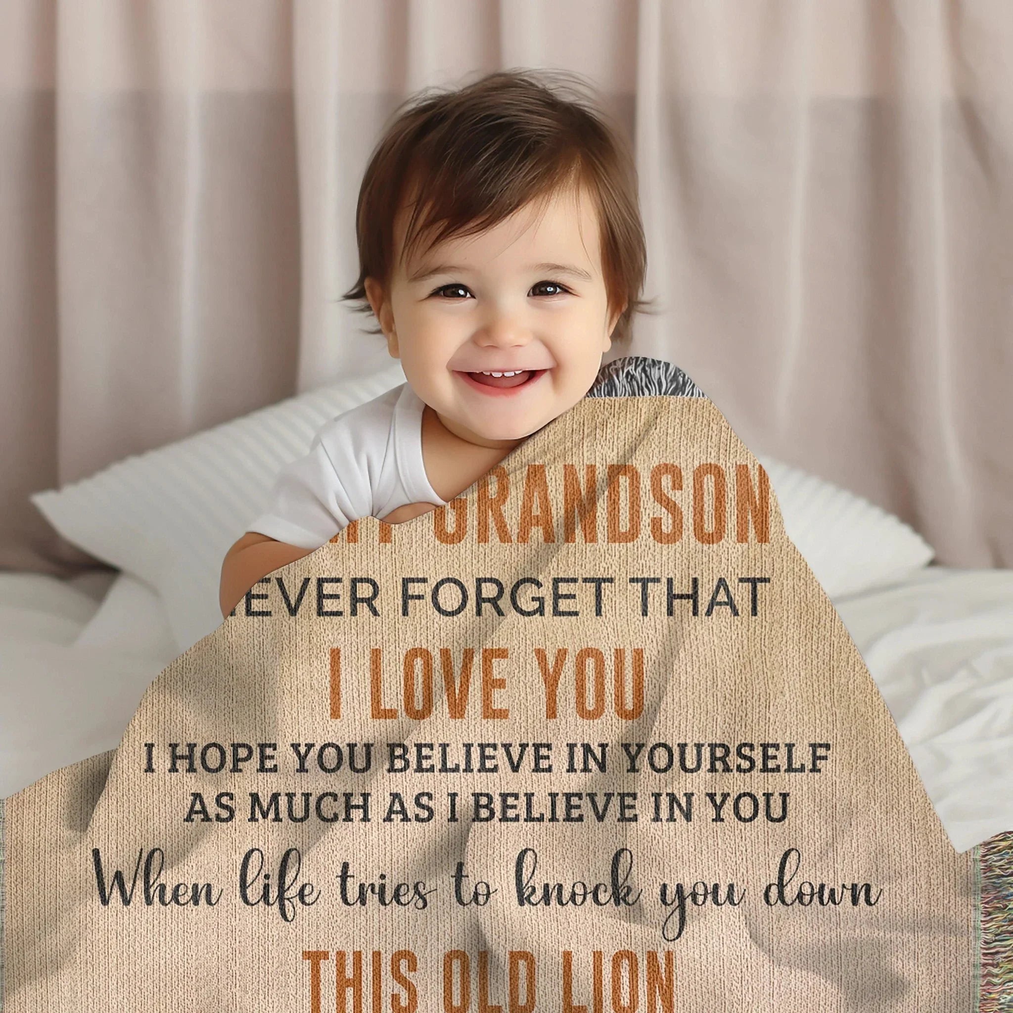 To My Grandson This Old Lion Will Always Have Your Back Personalized Heirloom Woven Blanket