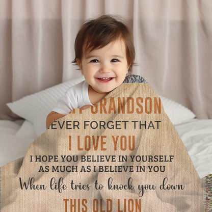 To My Grandson This Old Lion Will Always Have Your Back Personalized Heirloom Woven Blanket - Mallard Moon Gift Shop