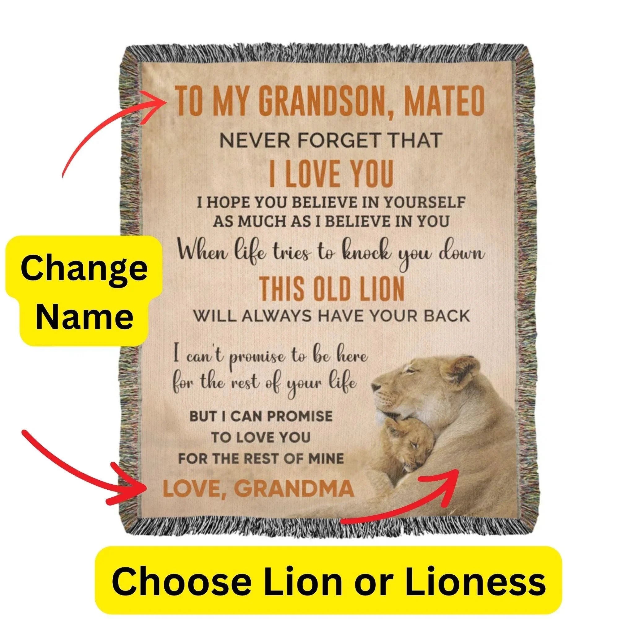 To My Grandson This Old Lion Will Always Have Your Back Personalized Heirloom Woven Blanket