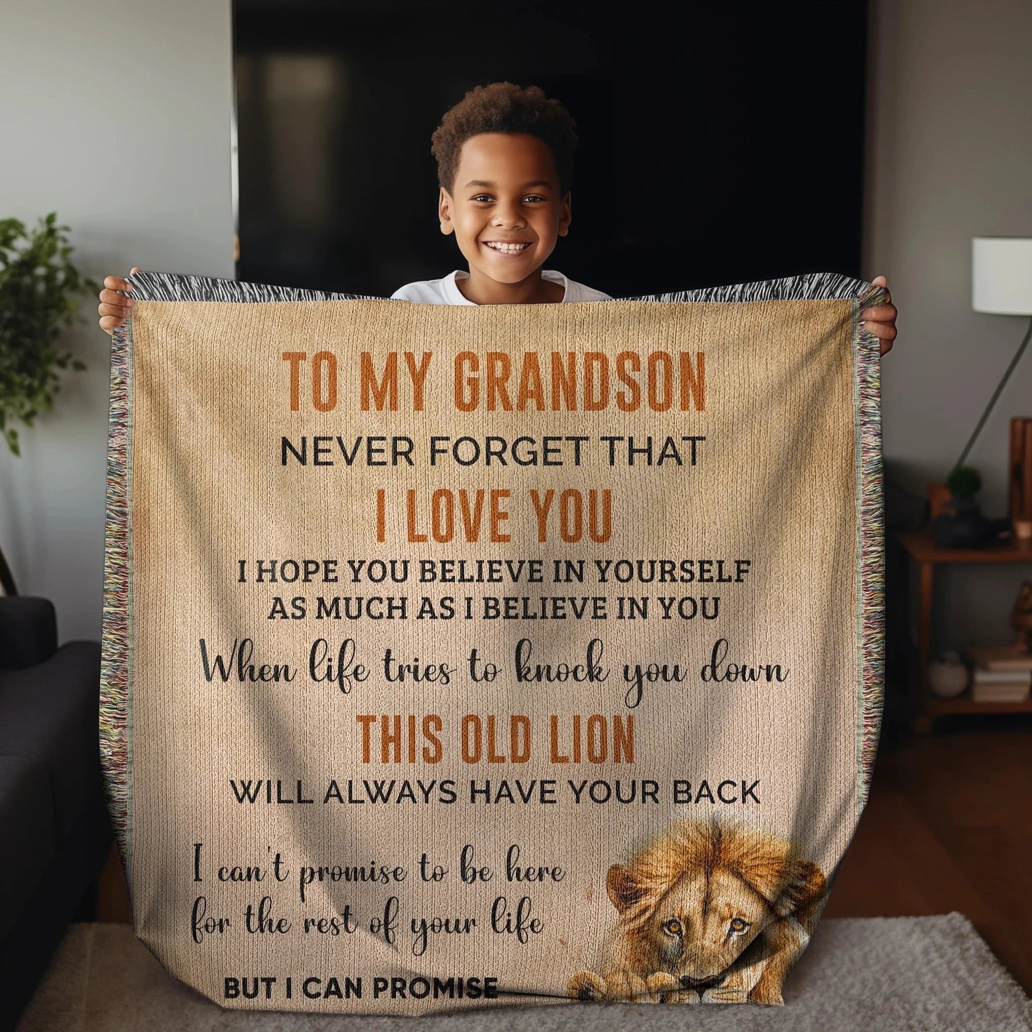 To My Grandson This Old Lion Will Always Have Your Back Personalized Heirloom Woven Blanket