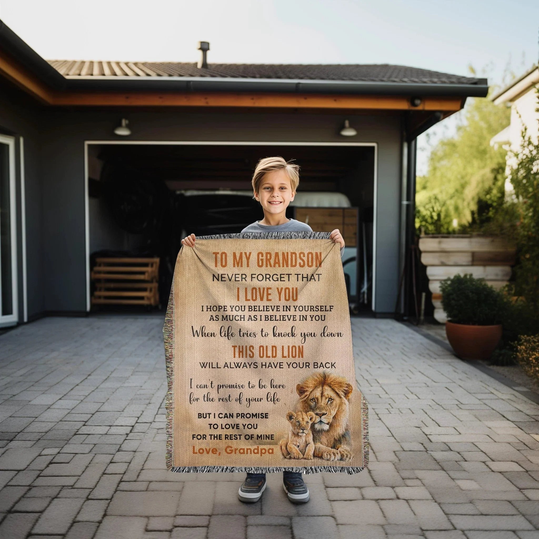 To My Grandson This Old Lion Will Always Have Your Back Personalized Heirloom Woven Blanket