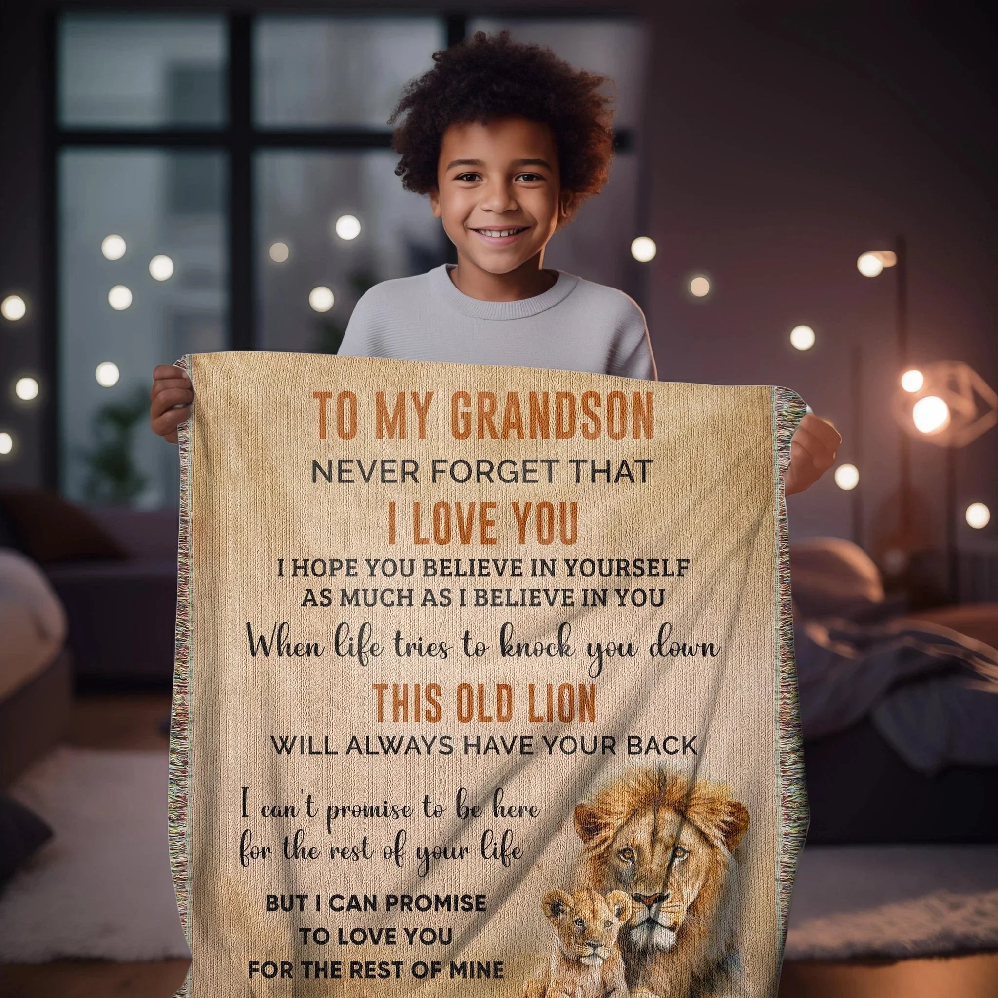 To My Grandson This Old Lion Will Always Have Your Back Personalized Heirloom Woven Blanket