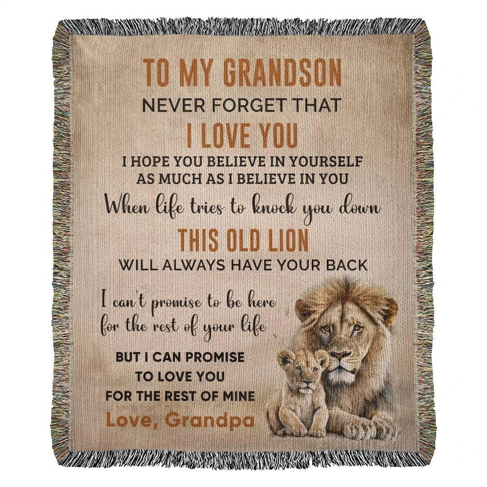 To My Grandson This Old Lion Will Always Have Your Back Personalized Heirloom Woven Blanket