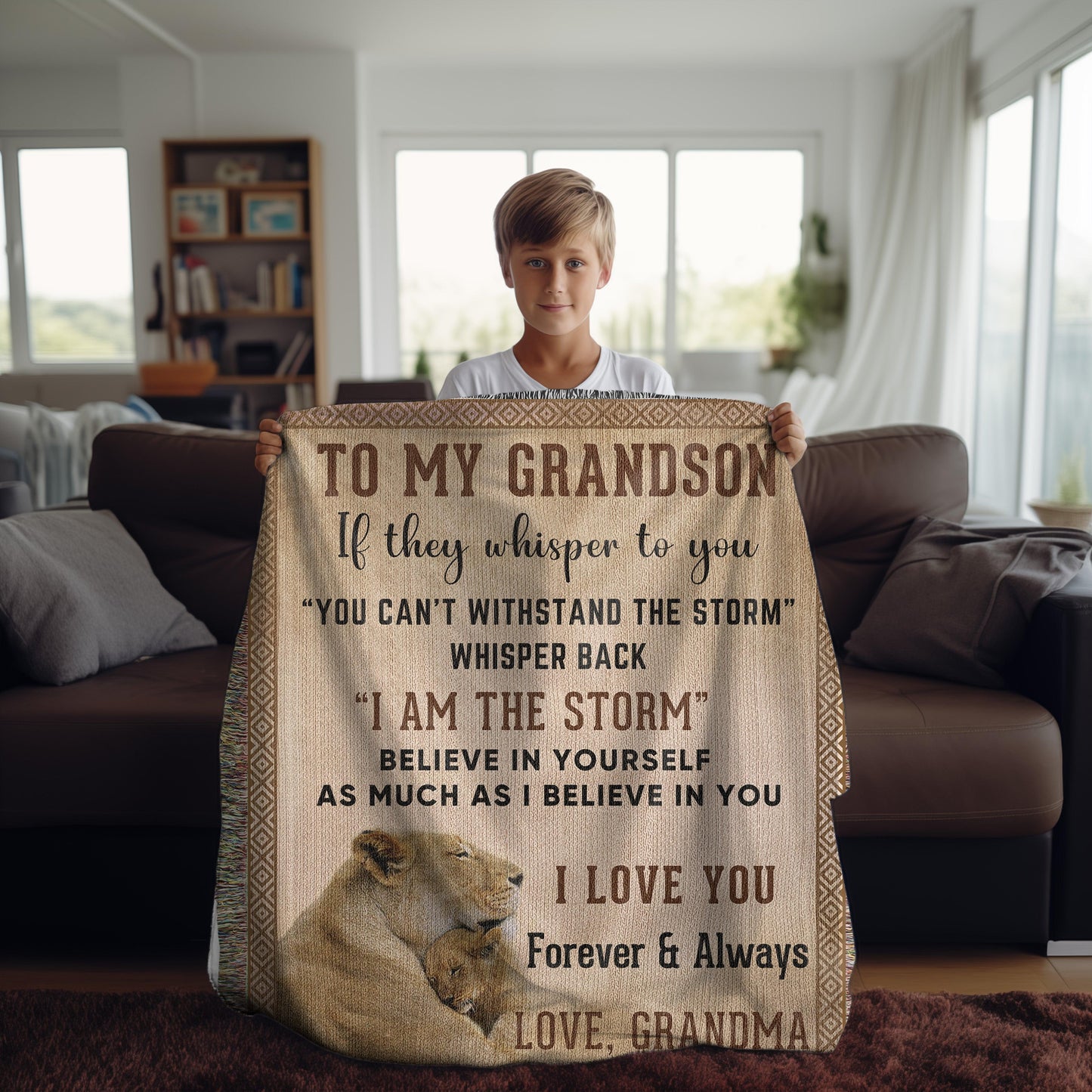 To My Grandson, Whisper Back, I am the Storm Heirloom Keepsake Woven Blanket - Mallard Moon Gift Shop