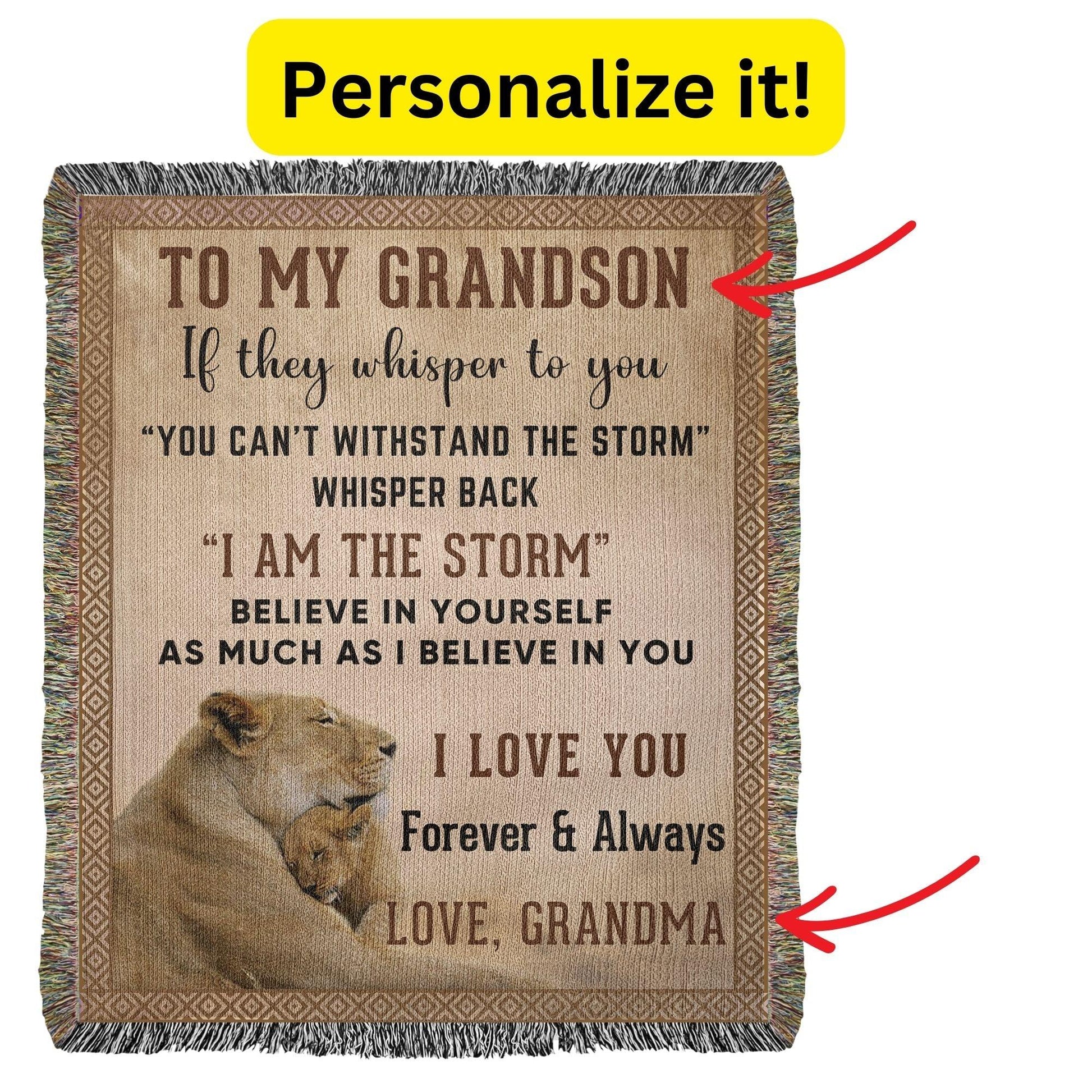 To My Grandson, Whisper Back, I am the Storm Heirloom Keepsake Woven Blanket - Mallard Moon Gift Shop