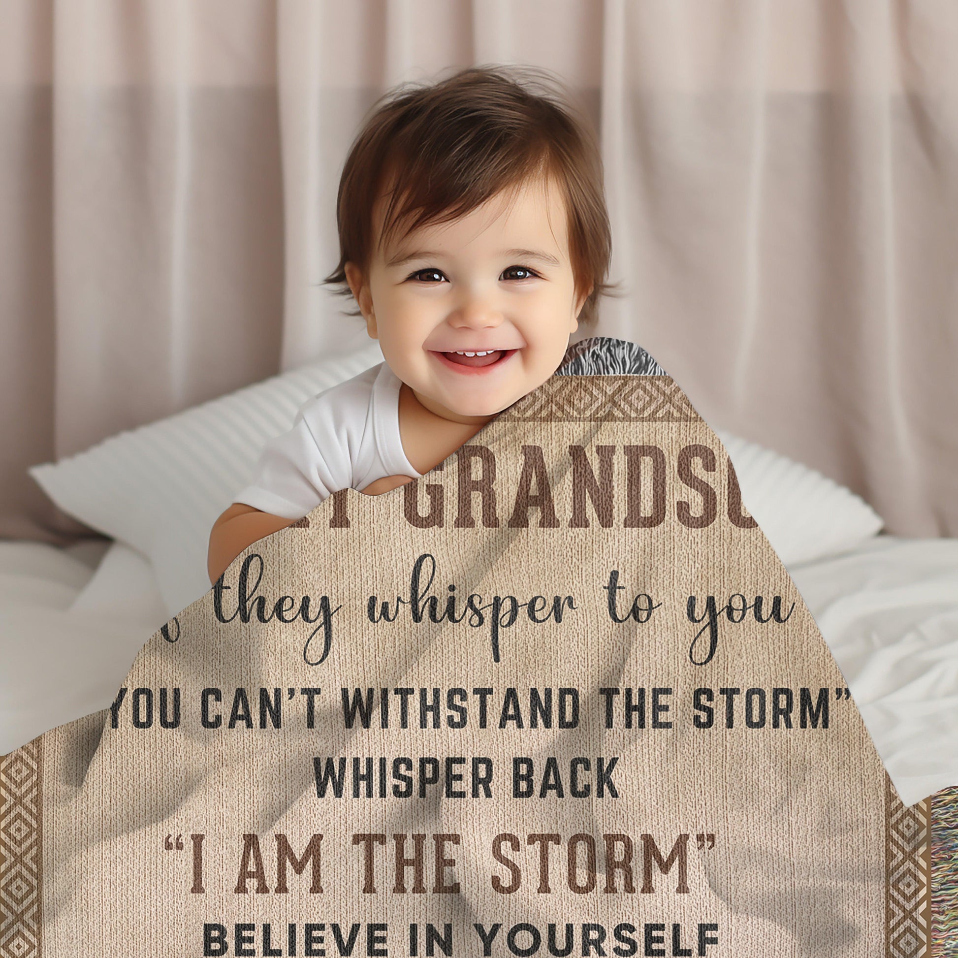 To My Grandson, Whisper Back, I am the Storm Heirloom Keepsake Woven Blanket - Mallard Moon Gift Shop