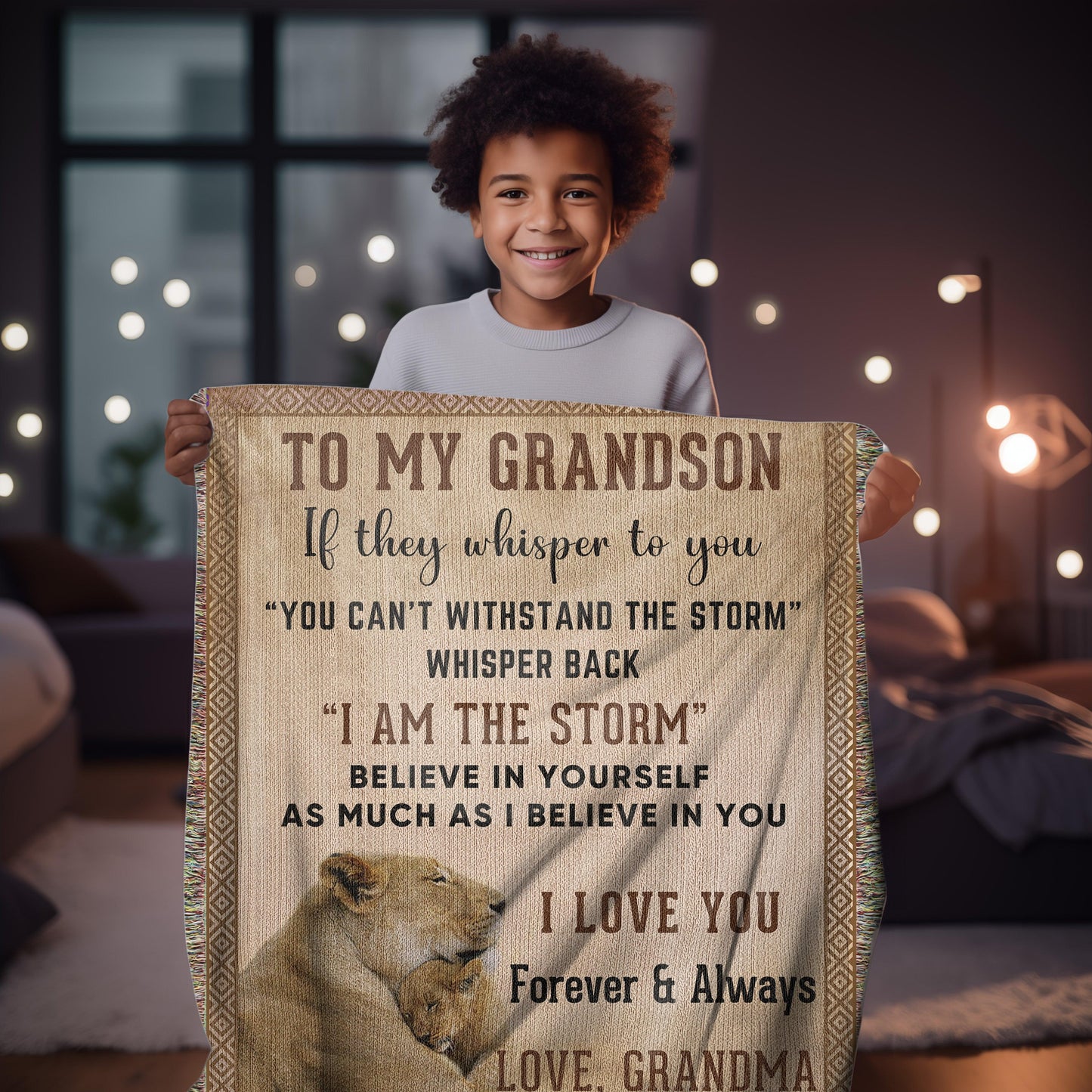 To My Grandson, Whisper Back, I am the Storm Heirloom Keepsake Woven Blanket - Mallard Moon Gift Shop