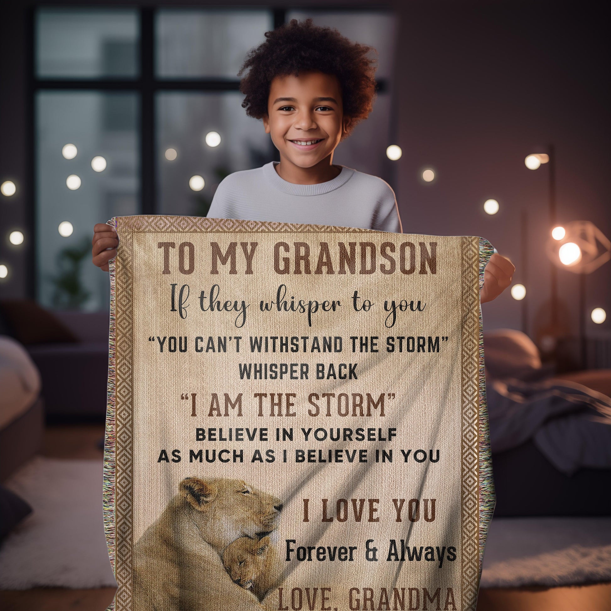 To My Grandson, Whisper Back, I am the Storm Heirloom Keepsake Woven Blanket - Mallard Moon Gift Shop