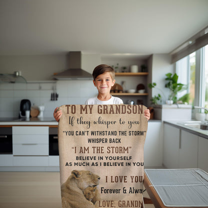 To My Grandson, Whisper Back, I am the Storm Heirloom Keepsake Woven Blanket - Mallard Moon Gift Shop