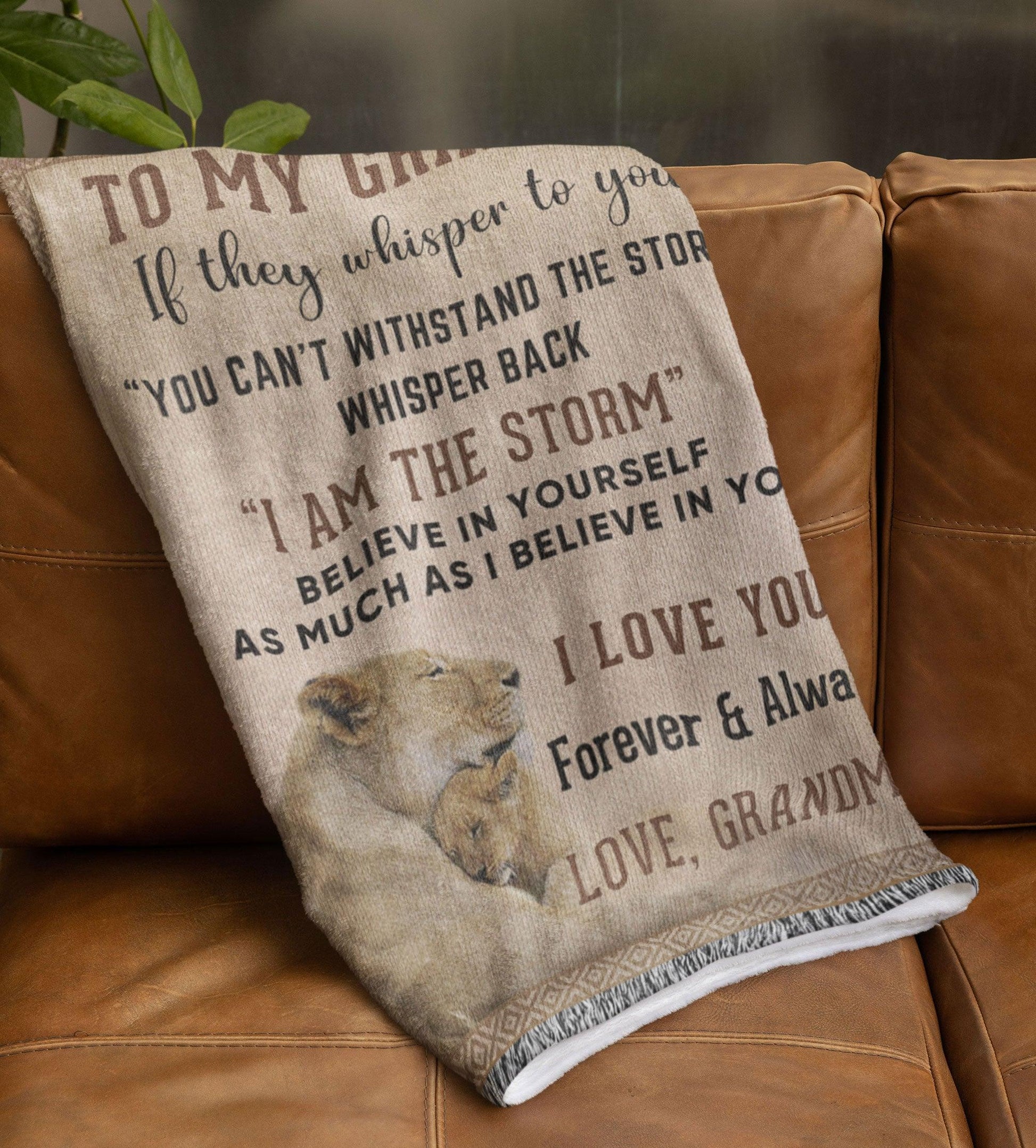 To My Grandson, Whisper Back, I am the Storm Heirloom Keepsake Woven Blanket - Mallard Moon Gift Shop